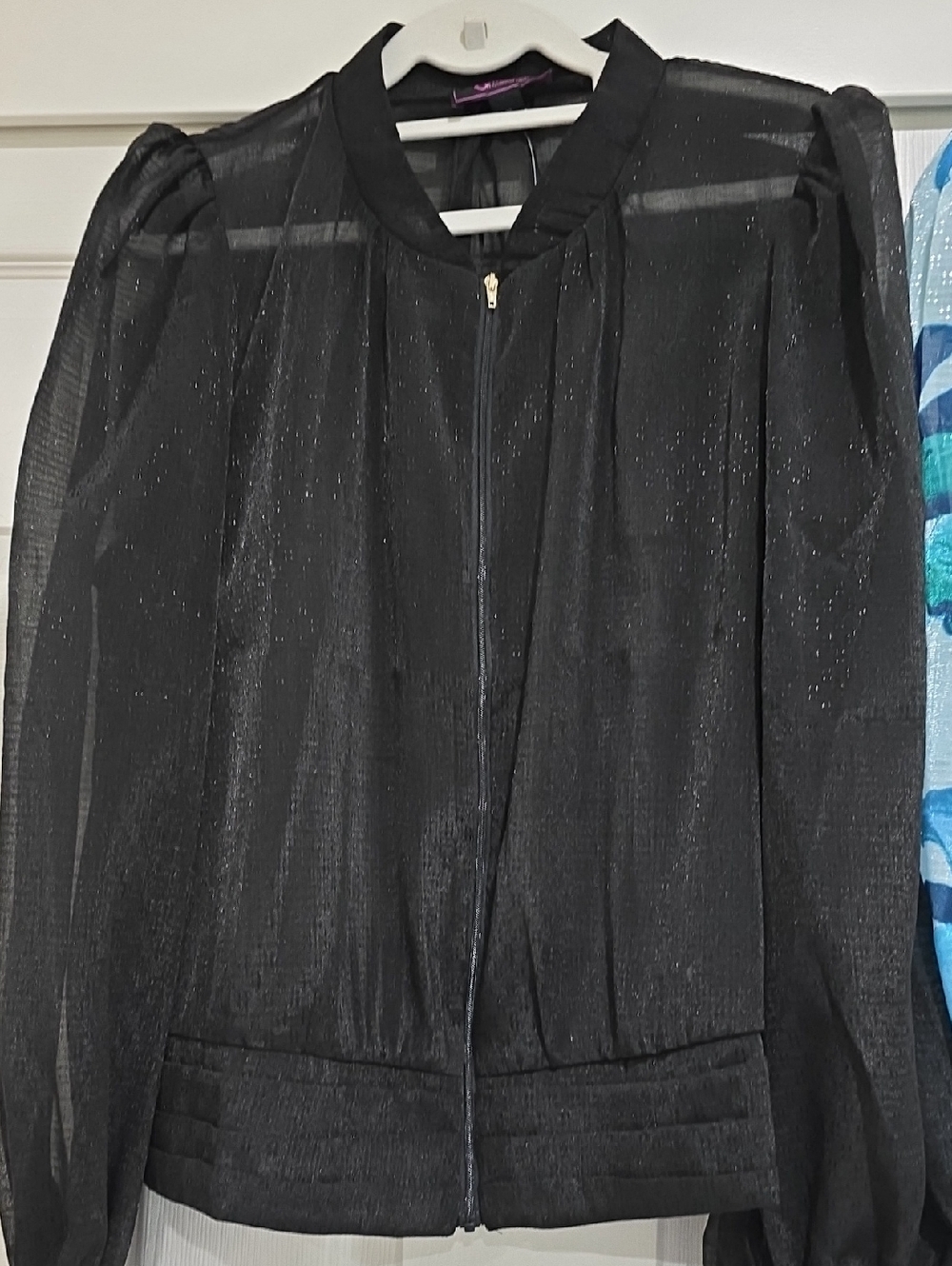 C. Wonder Black And Floral Sheer Bomber Jacket with Puff Shoulders